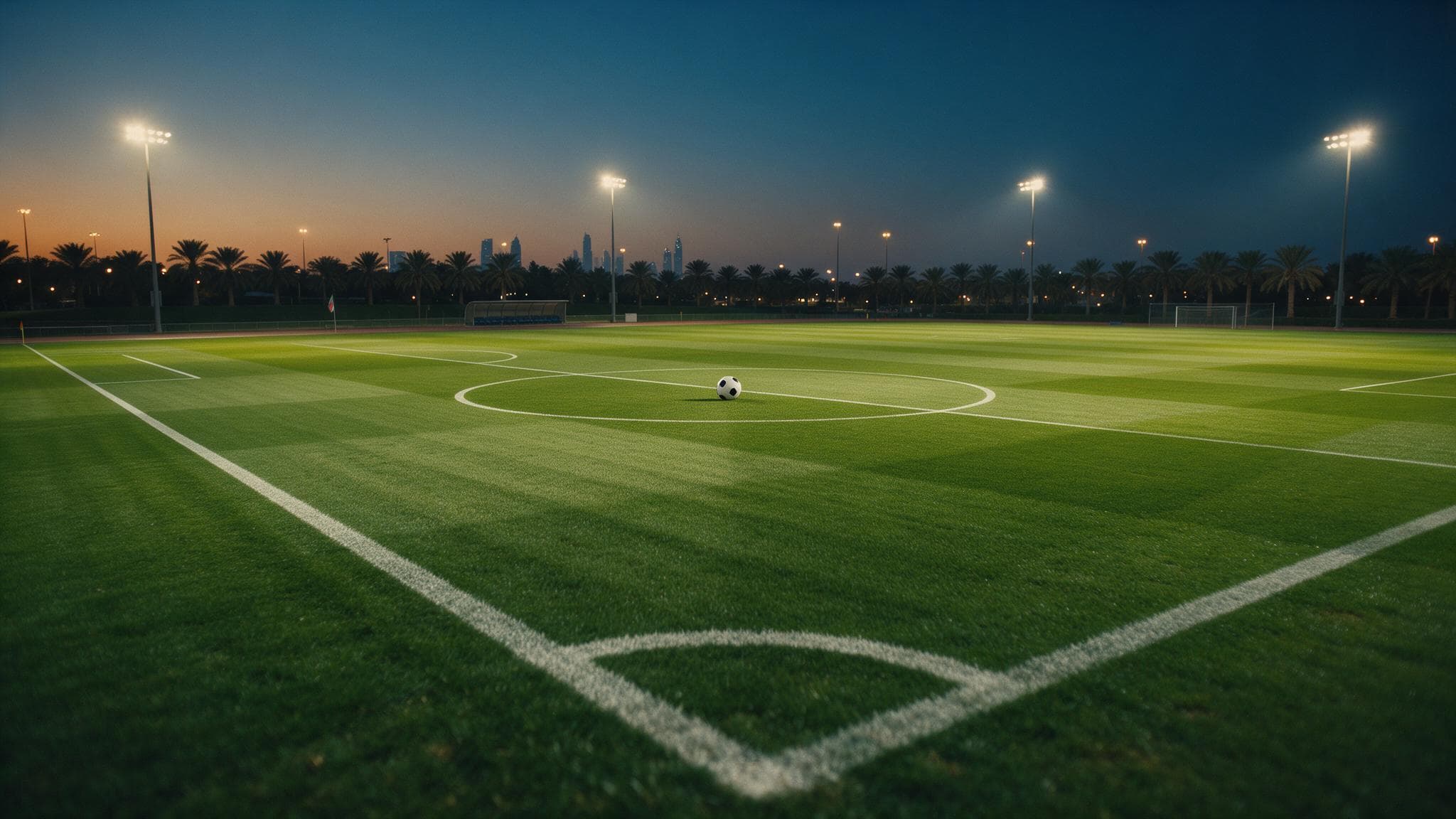 A floodlit football pitch in Dubai at dusk, palms and the city skyline beyond, a ball on the centre spot.